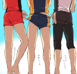 Rule 34 | 3boys, ass, ass focus, barefoot, bokuto koutarou, from behind, haikyuu!!, kuroo tetsurou, legs, male focus, multiple boys, sawamura daichi, short shorts, shorts, undressing