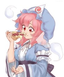 Rule 34 | 1girl, absurdres, blue dress, blue hat, breasts, dress, eating, food, food on face, ghost, hat, highres, hitodama, large breasts, medium hair, mob cap, pink hair, pizza, red eyes, saigyouji yuyuko, skullchimes, solo, touhou, triangular headpiece, upper body, wide sleeves