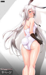 Rule 34 | 1girl, absurdres, alternate costume, animal ears, arknights, ass, bare shoulders, black gloves, black neckwear, blush, breasts, character name, commentary request, drop shadow, fake animal ears, feet out of frame, from behind, gloves, grey eyes, highres, leotard, long hair, looking at viewer, looking back, medium breasts, o-hako, partial commentary, playboy bunny, rabbit ears, rabbit tail, savage (arknights), silver hair, solo, standing, swept bangs, tail, tears, thighs, translated, two side up, very long hair, white leotard
