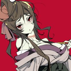 Rule 34 | 1girl, breasts, cleavage, collarbone, hair ribbon, hario 4, holding, holding smoking pipe, japanese clothes, kimono, off shoulder, red background, red eyes, ribbon, scar, smoking pipe, solo, yuugiri (zombie land saga), zombie, zombie land saga