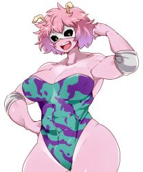 Rule 34 | 1girl, abs, antennae, ashido mina, boku no hero academia, breasts, cleavage, colored skin, elbow pads, flexing, hanzo (2929), highres, large breasts, leotard, mask, muscular, muscular female, pink hair, pink skin, tentacles