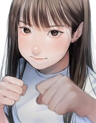 Rule 34 | 1girl, brown eyes, brown hair, closed mouth, highres, incoming attack, incoming punch, long hair, looking at viewer, original, pout, punching, shirt, simple background, solo, tearing up, tears, tsunko (9v2 q), white background, white shirt