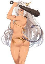 Rule 34 | 1girl, absurdres, animal print, arm up, ass, bikini, breasts, brown eyes, club, club (weapon), collar, cowboy shot, dark-skinned female, dark skin, demon tail, dragon girl, fingernails, from behind, grey hair, grin, hair intakes, highres, horns, kanabou, long hair, looking at viewer, looking back, original, sharp fingernails, side-tie bikini bottom, simple background, small breasts, smile, solo, spiked collar, spikes, standing, swimsuit, tail, takunomi, tan, tiger print, ursula (takunomi), weapon, white background