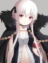 Rule 34 | 1girl, black jacket, blouse, blush, breasts, cleavage, collarbone, cross, fur-trimmed jacket, fur trim, girls&#039; frontline, grey background, hair between eyes, hair ribbon, highres, iron cross, jacket, kar98k (girls&#039; frontline), keenh, long hair, looking at viewer, medium breasts, open clothes, open shirt, red eyes, ribbon, shirt, solo, stomach, unbuttoned, unbuttoned shirt, upper body, very long hair, white hair