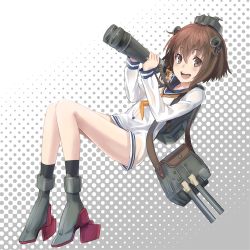 Rule 34 | 10s, 1girl, binoculars, boots, brown hair, bute (butegram), buts, cannon, dress, hair ornament, kantai collection, open mouth, personification, sailor dress, school uniform, short hair, smile, solo, turret, yukikaze (kancolle)