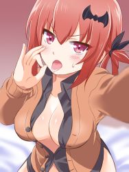 Rule 34 | 1girl, bat hair ornament, black shirt, blush, breasts, brown cardigan, buta (dhakaoat), cardigan, cleavage, collarbone, collared shirt, commentary request, dress shirt, fellatio gesture, from above, gabriel dropout, hair between eyes, hair ornament, hair rings, highres, large breasts, looking at viewer, no bra, no panties, no pants, on bed, open cardigan, open clothes, open mouth, open shirt, pink eyes, reaching, reaching towards viewer, red hair, saliva, satanichia kurumizawa mcdowell, selfie, shirt, sweatdrop, tongue, tongue out, unbuttoned, v-shaped eyebrows, wing collar
