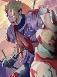 Rule 34 | 2boys, achilles (fate), armor, arrow (projectile), arrow in body, bags under eyes, battle, blood, blood drop, blood in hair, blood on clothes, blood on face, character request, fate/grand order, fate (series), gauntlets, green hair, haruakira, highres, holding, holding polearm, holding weapon, injury, male focus, multiple boys, open mouth, orange eyes, orange sash, pants, polearm, shoulder armor, teeth, undercut, weapon