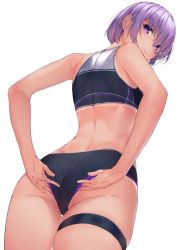 Rule 34 | 1girl, alternate costume, amagimei, arms behind back, ass, back, black buruma, buruma, closed mouth, commentary, commentary typo, cowboy shot, crop top, fate/grand order, fate (series), from behind, from below, hair between eyes, lips, looking at viewer, mash kyrielight, purple eyes, purple hair, short hair, simple background, sleeveless, solo, sweat, sweatdrop, tan, tanline, thigh strap, thighs, track uniform, white background