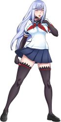 Rule 34 | 1girl, absurdres, breasts, full body, gloves, highres, kjech, large breasts, long hair, megami saiko, official art, open mouth, school uniform, solo, thighhighs, transparent background, white eyes, white hair, yandere simulator