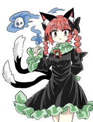 Rule 34 | animal ears, black bow, black dress, bow, braid, cat ears, cat girl, cat tail, chups, closed mouth, cowboy shot, dress, extra ears, fire, frilled dress, frilled sleeves, frills, green frills, hitodama, kaenbyou rin, looking at viewer, multiple tails, pyrokinesis, red eyes, red hair, red neckwear, solo, tail, touhou, twin braids, two tails, white background