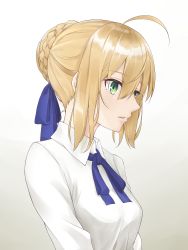Rule 34 | 1girl, absurdres, ahoge, artoria pendragon (all), artoria pendragon (fate), blonde hair, blue ribbon, braid, braided bun, collared shirt, fate/stay night, fate (series), gradient background, green eyes, grey background, hair between eyes, hair bun, hair ribbon, highres, long sleeves, neck ribbon, parted lips, profile, ribbon, saber (fate), shirt, short hair, solo, tsurupy, upper body, white background, white shirt, wing collar