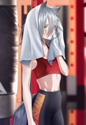 Rule 34 | 1girl, absurdres, animal ears, arknights, bare arms, black pants, blurry, blurry background, breasts, cleavage, commentary request, crop top, depth of field, hair between eyes, hand up, highres, indoors, looking at viewer, navel, pants, projekt red (arknights), red tank top, silver hair, small breasts, solo, standing, sweat, tail, tank top, the cold, towel, towel on head, yellow eyes