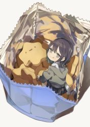 Rule 34 | 1girl, :t, bag, black hair, black skirt, blush, chibi, collared shirt, commentary request, cookie, crumbs, food, food on face, green hair, green jacket, highres, in bag, in container, in food, jacket, long sleeves, looking at viewer, looking up, mini person, minigirl, miniskirt, multicolored hair, off shoulder, original, plastic bag, pleated skirt, shirt, short hair, simple background, sitting, skirt, solo, tokiwata soul, two-tone hair, white shirt
