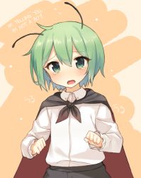 Rule 34 | 1girl, antennae, blush, bow, cape, green eyes, green hair, hard-translated, long sleeves, looking at viewer, matching hair/eyes, open mouth, orange background, pants, shirt, shnva, short hair, simple background, solo, tears, text focus, third-party edit, touhou, translated, wriggle nightbug