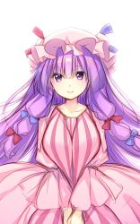 Rule 34 | 1girl, bow, breasts, dress, hat, long hair, mob cap, own hands together, patchouli knowledge, pink dress, pink hat, pink robe, purple eyes, purple hair, ribbon, robe, simple background, smile, solo, striped clothes, striped dress, touhou, upper body, usume shirou, v arms, vertical-striped clothes, vertical-striped dress, white background