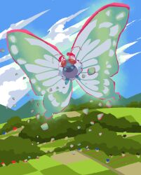 Rule 34 | butterfree, cloud, commentary request, creatures (company), day, fangs, fangs out, flying, game freak, gen 1 pokemon, gigantamax, gigantamax butterfree, highres, looking at viewer, nintendo, no humans, outdoors, pokemon, pokemon (creature), red eyes, sky, solo, tomozo (muginosukejr)