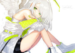 Rule 34 | 1girl, bare shoulders, black shorts, boots, copyright request, covered mouth, dated, feathered wings, green eyes, green nails, grey hair, highres, jacket, knees up, leaning forward, long hair, long sleeves, looking at viewer, nail polish, off shoulder, shirt, short shorts, shorts, signature, simple background, sitting, sleeveless, sleeveless shirt, sleeves past wrists, solo, uzura (bonnet225), white background, white footwear, white jacket, white shirt, white wings, wings