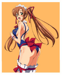 Rule 34 | 00s, 1girl, ass, blush, bow, breasts, brown hair, code geass, frilled thighhighs, frills, fujimoto satoru, green eyes, hair ribbon, hairband, long hair, maid, one-piece swimsuit, open mouth, ribbon, school swimsuit, shirley fenette, sideboob, simple background, solo, swimsuit, thighhighs, twintails, wrist cuffs
