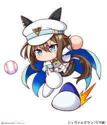 1girl absurdres baseball_(object) blue_eyes blush brown_hair cabbie_hat cape character_name cheval_grand_(umamusume) chibi chibi_only dated full_body hat highres jikkyou_powerful_pro_yakyuu_(style) long_hair motion_blur no_mouth rayman_limbs shiroi_tansu simple_background solo throwing twitter_username umamusume white_background white_hat