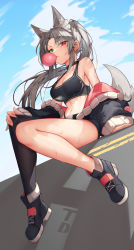 Rule 34 | 1girl, absurdres, animal ear fluff, animal ears, aoria, bare legs, bare shoulders, black choker, black footwear, black jacket, black legwear, black shirt, black shorts, breasts, blowing bubbles, choker, cleavage, crop top, fox ears, fox girl, fox tail, green eyes, grey hair, halterneck, heterochromia, highleg, highres, jacket, large breasts, long hair, long sleeves, looking at viewer, micro shorts, midriff, navel, off shoulder, open clothes, open jacket, original, parted bangs, ponytail, puffy sleeves, red eyes, shirt, shoes, shorts, single leg pantyhose, sleeveless, sleeveless shirt, solo, stomach, sweat, tail, thighs