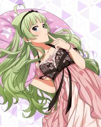 Rule 34 | 1girl, ahoge, bare shoulders, black hairband, blue eyes, blunt bangs, bracelet, breasts, closed mouth, collarbone, cowboy shot, detached sleeves, dot nose, eyelashes, finger to mouth, floral print, frilled negligee, frills, green hair, hairband, halterneck, idolmaster, idolmaster million live!, idolmaster million live! theater days, jewelry, layered nightgown, light blush, light smile, long hair, looking at viewer, lying, messy hair, official alternate costume, official art, on back, pillow, pink negligee, puffy detached sleeves, puffy sleeves, ribbon-trimmed sleeves, ribbon trim, rose print, sexy beautiful (idolmaster), shimabara elena, sidelocks, small breasts, solo, very long hair