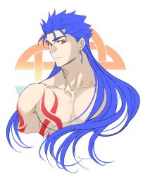 Rule 34 | 1boy, blue hair, cropped torso, cu chulainn (fate), earrings, emya, expressionless, fate/grand order, fate/stay night, fate (series), jewelry, cu chulainn (fate/stay night), large pectorals, looking at viewer, male focus, muscular, pectorals, ponytail, red eyes, topless male, simple background, solo, tattoo