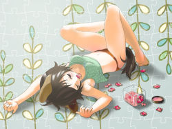 Rule 34 | 1girl, animal ears, barefoot, black hair, camisole, copyright request, dog ears, inuburo, lying, midriff, mouth hold, panties, puzzle, short hair, sleepy, solo, tail, underwear