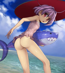 Rule 34 | 1girl, ahoge, ass, bare arms, bare legs, bare shoulders, blue sky, blush, breasts, commentary request, day, feet out of frame, from behind, hair intakes, hat, highres, holding, inflatable shark, inflatable toy, leaning forward, looking at viewer, looking back, one-piece swimsuit, open mouth, outdoors, purple hair, purple one-piece swimsuit, red eyes, shiny skin, short hair, sky, small breasts, solo, standing, strapless, strapless one-piece swimsuit, sukuna shinmyoumaru, swimsuit, syope, thighs, touhou, water
