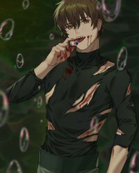 Rule 34 | 1boy, black shirt, blood, blood on clothes, blood on face, blood on hands, blood stain, brown eyes, brown hair, bubble, cuts, facing viewer, guro, h13480824183, hair between eyes, highres, holding eyeball, injury, li &quot;xiaolang&quot;, licking, licking eye, looking at viewer, male focus, open mouth, sharp teeth, shirt, short hair, solo, teeth, tongue, tongue out, torn clothes, tsubasa chronicle, turtleneck, turtleneck shirt, upper body