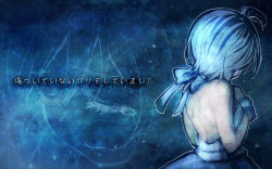 Rule 34 | .live, 1girl, antenna hair, back, backless outfit, bare back, bare shoulders, blue background, blue bow, blue hair, blue skirt, blue theme, bow, commentary request, facing away, from behind, hand on own chest, highres, print skirt, sakino shingetsu, short hair, dennou shoujo siro, skirt, sleeveless, solo, translation request, upper body, virtual youtuber, wrist cuffs