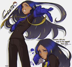 Rule 34 | 1girl, black hair, black suit, blue eyes, blue gloves, creatures (company), dark-skinned female, dark skin, formal, frown, game freak, geeta (pokemon), gloves, highres, long hair, multicolored hair, necktie, nintendo, one eye closed, outstretched arms, pant suit, pants, pokemon, pokemon sv, simple background, solo, suit, tipsytrains, white background, yellow necktie
