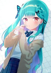 Rule 34 | 1girl, bendy straw, blue bow, blue skirt, bow, braid, brown cardigan, butterfly hair ornament, cardigan, collared shirt, commentary request, dress shirt, drinking straw, green hair, hair ornament, hands up, highres, holding, hololive, long hair, looking at viewer, milk carton, multicolored hair, off shoulder, one side up, open cardigan, open clothes, plaid, plaid bow, plaid skirt, pleated skirt, purple hair, red eyes, segawa luna, shirt, skirt, solo, two-tone hair, uruha rushia, uruha rushia (school uniform), very long hair, virtual youtuber, white shirt