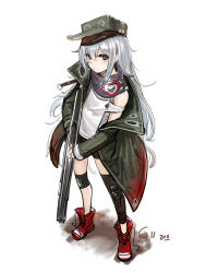 Rule 34 | 1girl, absurdres, artist name, black scarf, blush, brown eyes, character name, closed mouth, coat, flat cap, g11 (girls&#039; frontline), girls&#039; frontline, grey hair, gun, hair between eyes, hat, highres, holding, holding gun, holding weapon, knee pads, long hair, looking at viewer, mhg (hellma), open clothes, open coat, scarf, shoes, signature, simple background, sketch, sneakers, solo, weapon, white background