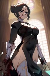 Rule 34 | 1girl, black dress, black hair, blood, blood on face, blood splatter, breasts, catholic, dress, gauntlets, highres, holding, jewelry, large breasts, long hair, long sleeves, nun, nyantcha, original, parted bangs, solo, sword, thick thighs, thighhighs, thighs, weapon