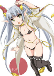 Rule 34 | 1girl, bikini, black bikini, black footwear, black thighhighs, blue hair, boots, breasts, choker, female focus, green eyes, highres, horns, jacket, long hair, looking at viewer, micro bikini, navel, open clothes, open mouth, pointy ears, silver hair, simple background, small breasts, smile, solo, standing, swimsuit, syrup (zettai bouei leviathan), thigh boots, thighhighs, twintails, wan&#039;yan aguda, white jacket, yellow eyes, zettai bouei leviathan
