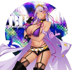 Rule 34 | 1girl, ;d, ass, bb (fate), bb (fate) (all), bb (swimsuit mooncancer) (fate), bb (swimsuit mooncancer) (second ascension) (fate), belt, bikini, black thighhighs, boots, breasts, character name, cleavage, dark-skinned female, dark skin, fate/grand order, fate (series), fingerless gloves, garter belt, garter straps, gloves, grin, hairband, highres, large breasts, long hair, looking at viewer, micro shorts, n0r0, nail polish, navel, one eye closed, open clothes, open mouth, open shorts, pink bikini, purple bikini, purple eyes, purple hair, purple nails, shorts, smile, solo, standing, swimsuit, thigh boots, thighhighs, thong bikini, very long hair, w