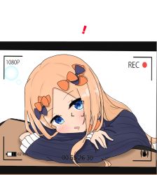 Rule 34 | !, 1girl, abigail williams (fate), atsumisu, bad id, bad pixiv id, black bow, black dress, blonde hair, blue eyes, blush, bow, commentary request, dress, drooling, fate/grand order, fate (series), fingernails, forehead, hair bow, head rest, highres, long hair, long sleeves, no headwear, orange bow, parted bangs, parted lips, recording, saliva, sleeves past wrists, solo, very long hair, viewfinder