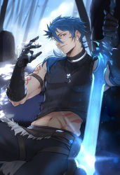 Rule 34 | 1boy, abs, alternate costume, alternate weapon, blue hair, bodypaint, choker, closed mouth, cowboy shot, crescent, crescent necklace, cu chulainn (fate), cu chulainn (fate) (all), cu chulainn (fate/prototype), earrings, fate/prototype, fate (series), gloves, glowing, highres, holding, holding weapon, hoop earrings, jewelry, male focus, navel, necklace, outdoors, pants, ponytail, red eyes, ribbed shirt, runes, shirt, sleeveless, sleeveless shirt, smile, solkorra, solo, spiked hair, stone, sword, tree, type-moon, weapon