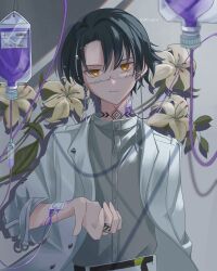 Rule 34 | 1boy, absurdres, bandaid, bandaid on arm, bandaid on neck, black hair, blood, closed mouth, expressionless, finger tattoo, flower, glasses, grey hair, grey shirt, highres, intravenous drip, itsuki (paradox live), lab coat, male focus, miya (38magical), multicolored hair, neck tattoo, orange eyes, paradox live, purple blood, shirt, short hair, solo, tattoo, white flower