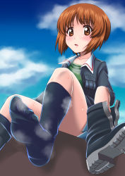 Rule 34 | 10s, 1girl, black footwear, black socks, blue jacket, blurry, boots, brown hair, cloud, cloudy sky, day, depth of field, feet, female focus, foot focus, from below, girls und panzer, green shirt, highres, holding, jacket, long sleeves, looking at viewer, military, military uniform, miniskirt, nishizumi miho, ooarai military uniform, open clothes, open jacket, outdoors, parted lips, pleated skirt, shirt, sitting, skirt, sky, socks, soles, solo, steam, sweat, t k, toes, uniform, unworn boots, white skirt