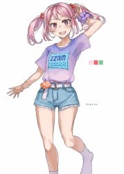 Rule 34 | 1girl, alternate costume, blue shorts, color guide, cutoffs, denim, denim shorts, hair bobbles, hair ornament, highres, kantai collection, looking at viewer, pink eyes, pink hair, purple shirt, rabbit, sazanami (kancolle), sazanami kai (kancolle), scrunchie, shirt, short hair, shorts, simple background, socks, solo, sugue tettou, t-shirt, twintails, white background, white socks, wrist scrunchie