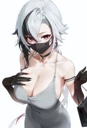 Rule 34 | 1girl, absurdres, alternate costume, arlecchino (genshin impact), bag, bare shoulders, black choker, black gloves, black hair, black mask, breasts, choker, cleavage, commentary, covered navel, dongtan dress, dress, genshin impact, gloves, grey dress, grey hair, hair between eyes, hand on own chest, highres, holding, hyeonwook9, large breasts, long hair, looking at viewer, mask, meme attire, mole, mole on breast, mouth mask, multicolored hair, simple background, sleeveless, sleeveless dress, solo, symbol-shaped pupils, very long hair, white background, x-shaped pupils