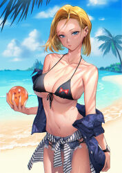 Rule 34 | 1girl, alternate costume, android, android 18, bare shoulders, beach, bikini, bikini top only, blonde hair, blue eyes, blue sky, breasts, cleavage, closed mouth, cloud, cloudy sky, collarbone, commentary, day, dragon ball, dragon ball (object), dragonball z, earrings, highres, holding, jacket, jewelry, lips, logo, medium breasts, medium hair, mhk (mechamania), navel, ocean, off shoulder, outdoors, palm leaf, palm tree, parted bangs, red ribbon army, shore, short shorts, shorts, sky, sleeveless, sleeveless jacket, solo, stomach, swimsuit, tree, watch, water, water drop, wet