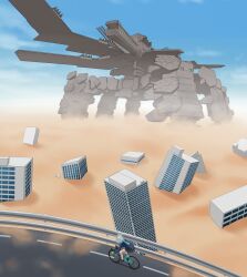 Rule 34 | 1girl, absurdres, armored core, armored core: for answer, artist request, bicycle, blue archive, blue sky, building, cloud, desert, halo, highres, highway, mecha, mechanical parts, riding, robot, shiroko (blue archive), sky, spirit of mother will, turret