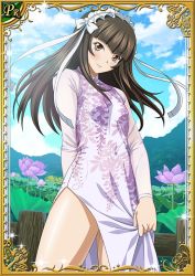 Rule 34 | 00s, 1girl, arm behind back, bare legs, brown eyes, brown hair, card (medium), china dress, chinese clothes, dress, eyebrows, female focus, flower, from below, ikkitousen, long hair, maid headdress, official art, ribbon, smile, solo, ten&#039;i (ikkitousen), white ribbon