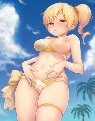 Rule 34 | 1girl, alternate hairstyle, bar censor, bikini, blonde hair, blue sky, blush, breasts, censored, cloud, commentary request, day, hands on stomach, jewelry, kazabuki poni, large breasts, mahou shoujo madoka magica, multi-strapped bikini bottom, navel, nipples, palm tree, ponytail, pussy, pussy juice, ring, short hair, sky, solo, standing, swimsuit, tears, thigh strap, thighs, tomoe mami, tomoe mami (swimsuit costume), tree, yellow eyes