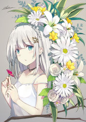 Rule 34 | 1girl, bare shoulders, blue eyes, branch, breasts, collarbone, dress, flower, grey background, hair ornament, holding, holding flower, looking at viewer, original, signature, silver hair, small breasts, solo, sutorora, upper body, white dress