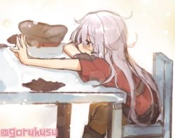 Rule 34 | 1girl, belt, black footwear, black gloves, black skirt, blush, boots, chair, cheese (cheese koubou), closed mouth, facial scar, gangut (kancolle), gloves, grey hair, hair between eyes, hat, jewelry, kantai collection, long hair, military, military hat, military uniform, no jacket, pantyhose, peaked cap, red eyes, red shirt, ring, scar, scar on cheek, scar on face, shirt, sitting, skirt, solo, table, twitter username, uniform, wedding ring