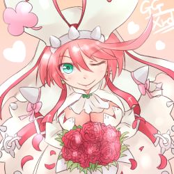 Rule 34 | 1girl, bouquet, breasts, cleavage, elphelt valentine, flower, green eyes, guilty gear, guilty gear xrd, heart, kitayama miuki, large breasts, looking at viewer, one eye closed, petals, pink tail, rose, short hair, smile, solo