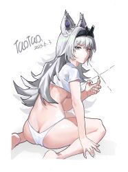 Rule 34 | 1girl, absurdres, animal ears, ass, black hairband, breasts, claws, closed mouth, grey eyes, grey hair, hairband, highres, long hair, looking at viewer, medium breasts, nail, no.21: feral scent (punishing: gray raven), no.21 (punishing: gray raven), panties, punishing: gray raven, shirt, short sleeves, solo, taotao bujue, underboob, underwear, white background, white panties, white shirt, wolf ears